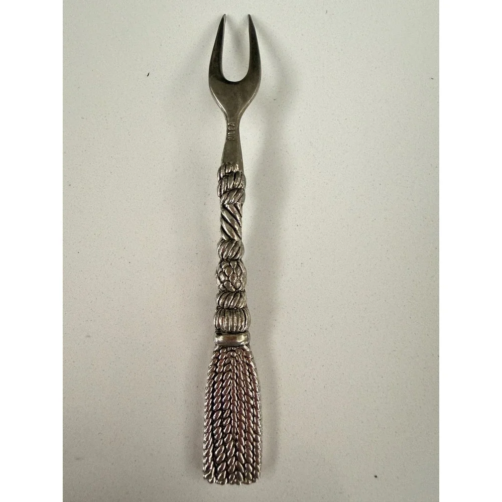 Vintage Gilda Silver Tone Tassel Handle Cocktail Olive Fork Two Prong 5.5 Inch